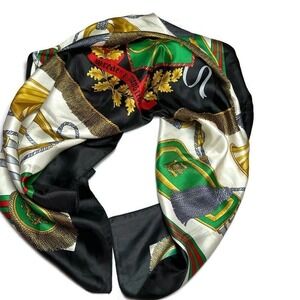 Vintage Heraldic Crest Equestrian Square Scarf Black Green Gold Silk Feel